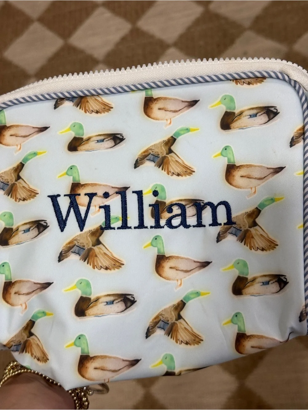 William monogrammed mallard ducks go bag water resistant wipeable embroidery